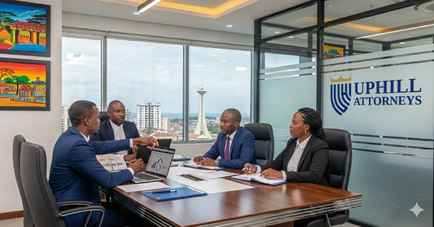 Uphill Attorneys collaborating in a glass-walled conference room